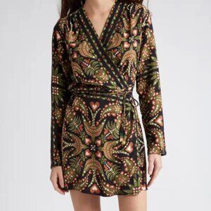 Farm Rio Black Martina Scarf Long Sleeve Wrap Mini Dress